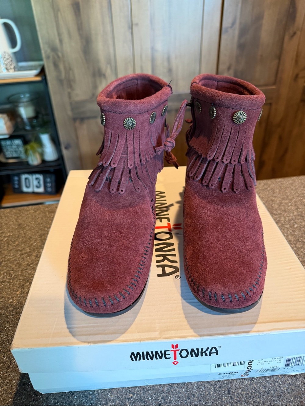Minnetonka Burgundy Suede Fringe Ankle Boots with Conchos